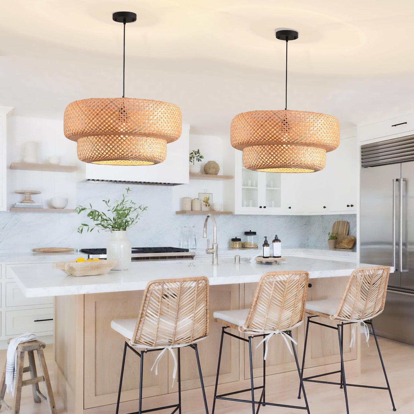 HUAHENGHAO 18.12 Inch Boho Bamboo Chandelier Hand Woven Dining Room Lights Wicker Hanging Lighting Fixtures for Living Room Kitchen Bedroom Coffee Restaurant Hallway