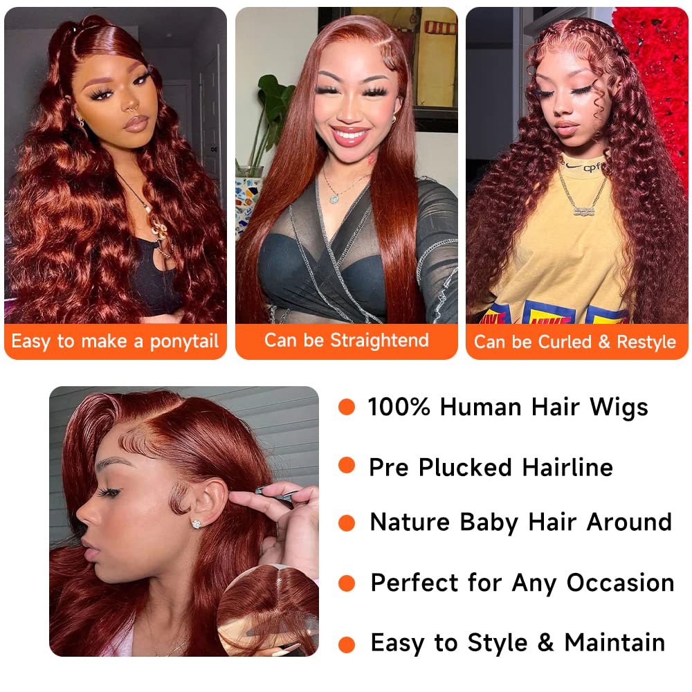 Reddish Brown Lace Front Wigs Human Hair Pre Plucked 13x4 Body Wave Glueless Wigs Human Hair Auburn Colored Human Hair Lace Front Wigs HD Lace Frontal Human Hair Wigs With Baby Hair 26 inch