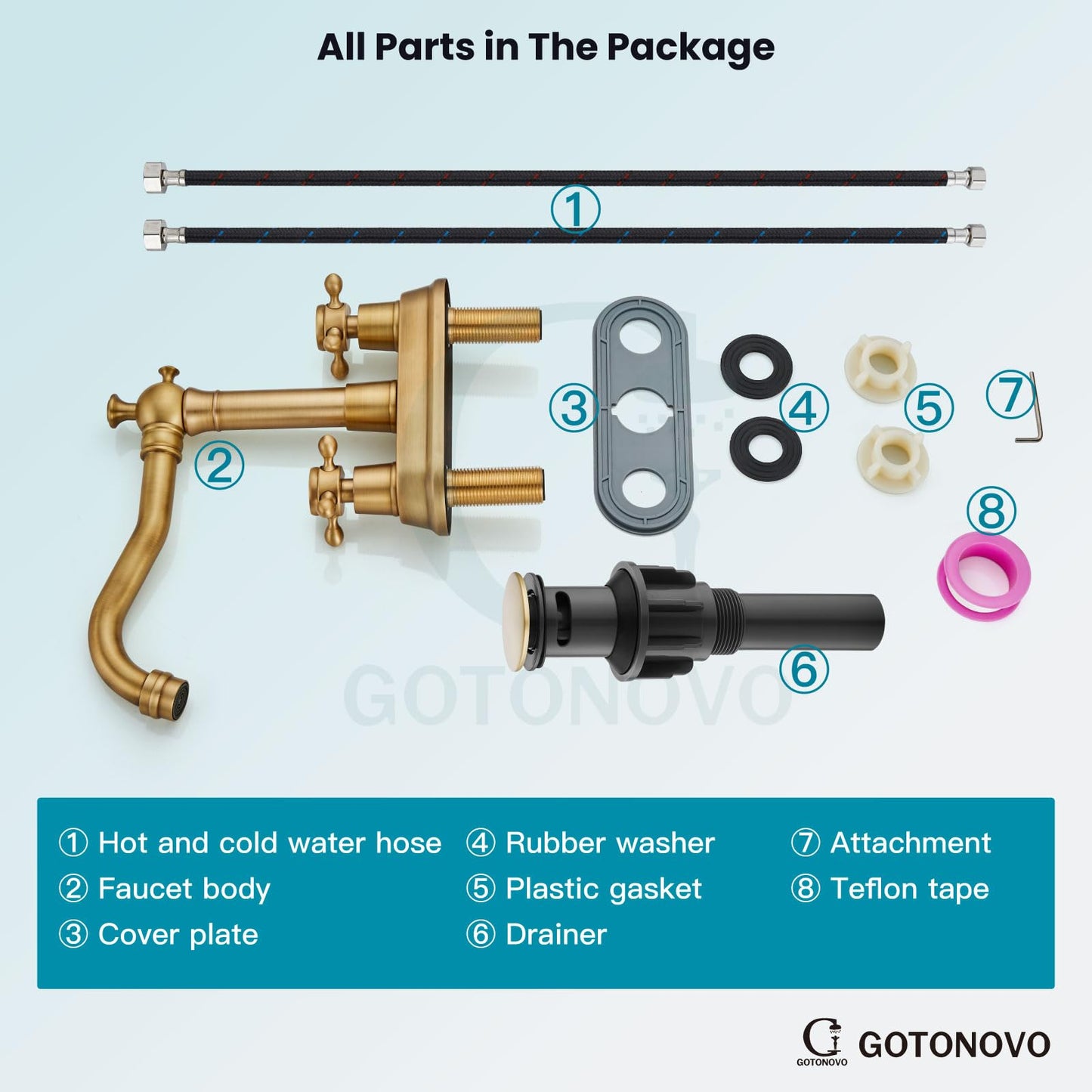 Gotonovo Antique Brass 2 Hole 4 Centerset Bathroom Sink Faucet with Double Cross Handles Deck Mounted Brass Vanity Mixer Tap Utility Include Water Hose, Suitable for 6-12 inch Hole