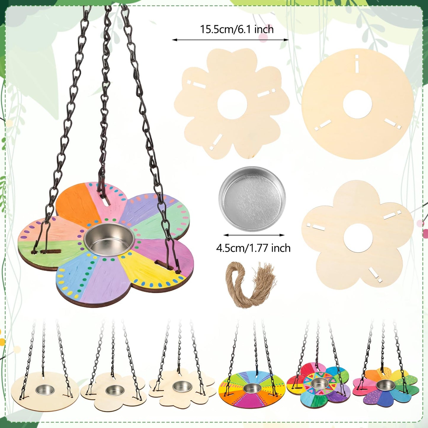 DoubleFill 24 Pack Bird Feeder Craft Kits with Chains for Kids Ages 3-8 Make Your Own Wooden Flower Bird Feeders with Aluminum Bowls DIY to Paint Craft for Garden Outdoor Activities (Flower,Round)