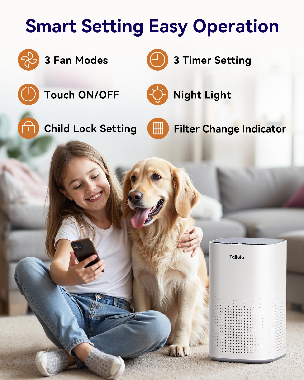 Air Purifiers for Home Large Room up to 1500ft², Tailulu H13 True HEPA Air Purifier for Pets Dust Odor Smoke, Air Purifier for Bedroom with 15dB Quiet Sleep Mode for Bedroom Office Living Room