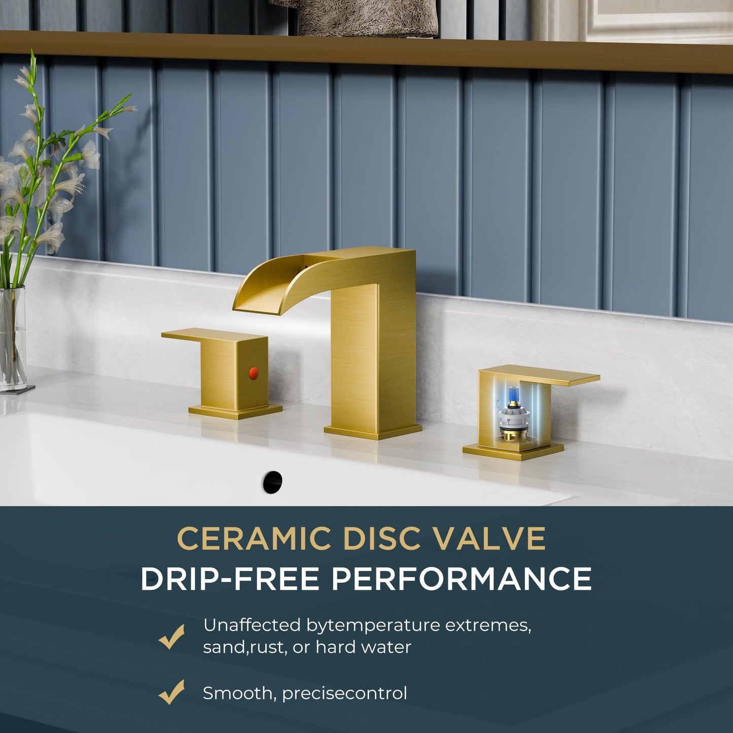 QFN Gold Bathroom Sink Faucet 3 Hole, 8 Inch Widespread Waterfall Square Bathroom Faucets with Metal Pop-up Drain and Cupc Hose Two Handle for Vanity, Lavatory Sink