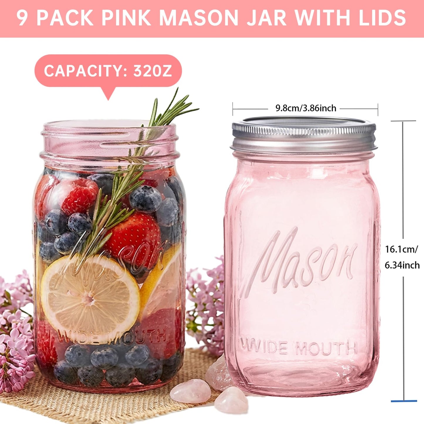 SUT Wide Mouth Mason Jars 32 oz,9 Pack Quart Mason Jars With Airtight lids and Bands,Pink Canning Jars 32 oz for Preserving,Meal Prep,Overnight Oats,Fermenting, Pickling