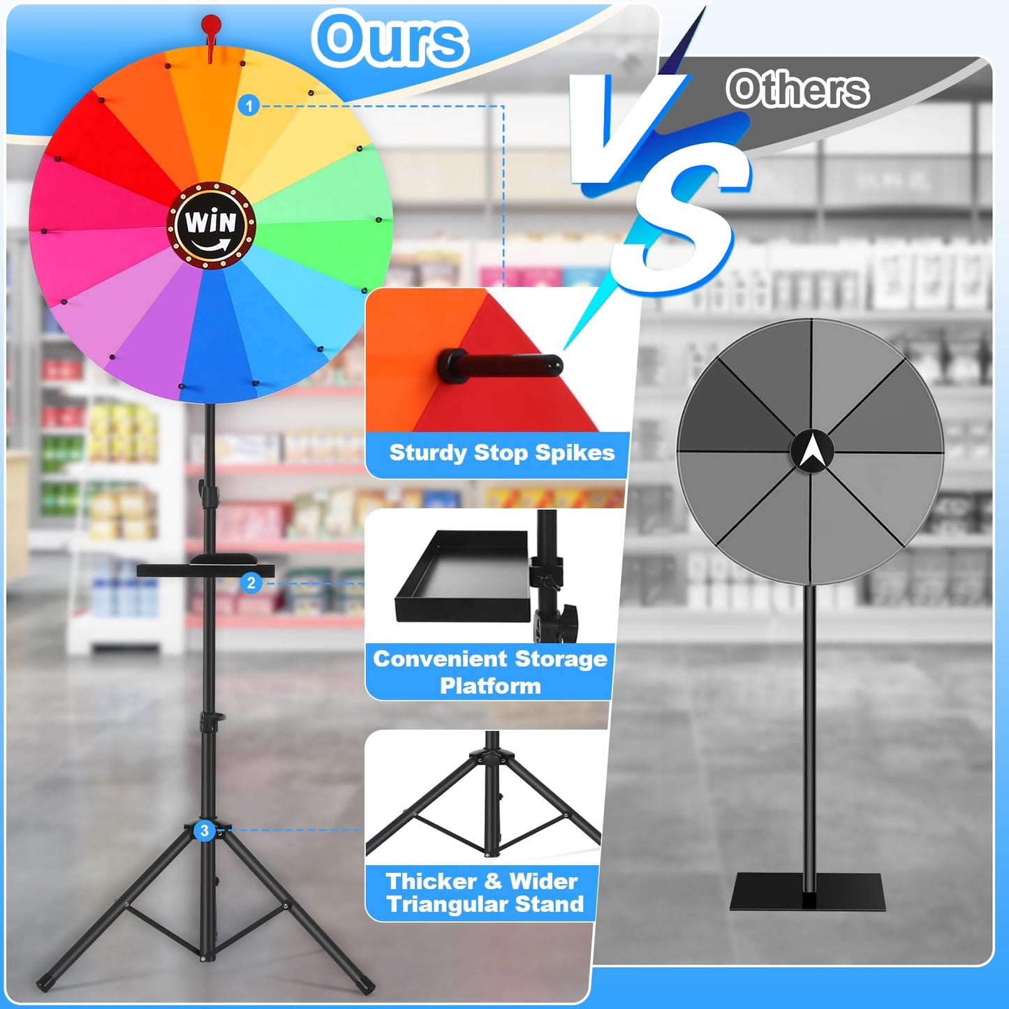 AugFir 24-inch Spinning Prize Wheel, Ajustable 37"-65" Height Spinning Wheel, Storable Prize Wheel Spinner with Stand, Wheel of Fortune, Spin Wheel for Prizes, 14 Slots