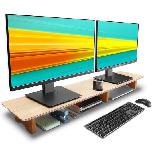 Aothia Large Dual Monitor Stand Riser, Solid Wood Desk Shelf with Eco Cork Legs for Laptop Computer/TV/PC/Printers, Perfect Desktop Stands Organizer with Underneath Storage for Office Accessories