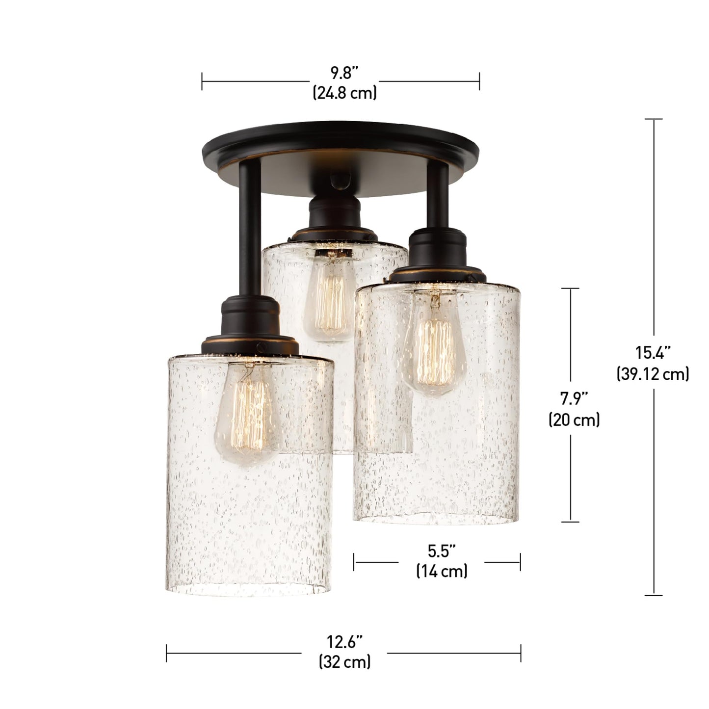 GLOBE Electric 65904 3-Light Bronze Semi-Flush Mount Ceiling Light Fixture with Seeded Glass Shades, Ideal for Kitchen, Bathroom, Bedroom, Closet Light, Home Essentials, LED Bulbs Compatible