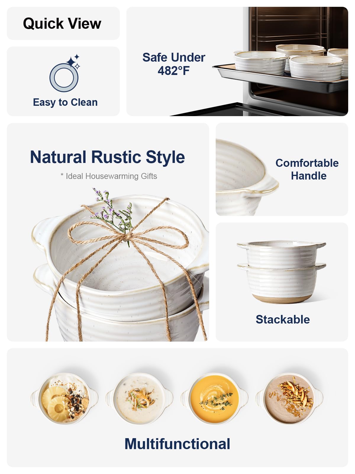 LE TAUCI Soup Bowls with Handles, 20 oz French Onion Soup Crocks, Soup Bowl Oven Safe for Chili, Beef Stew, Ceramic Bowl Set - 5.5 Inch, Set of 4, Arctic White