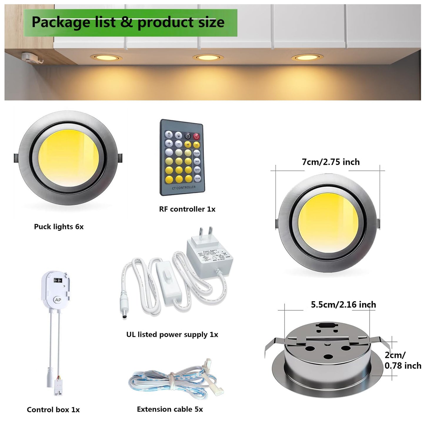 Smart Puck Lights LED Under Cabinet Lighting 2700k-6500k Dimmable Works with Alexa,Google Home,APP & Remote,12V,2W/pc,Recessed Kitchen Lamp Plug In for Counter,Display Shelf,2.5Inch Cutout,6pcs,Sliver