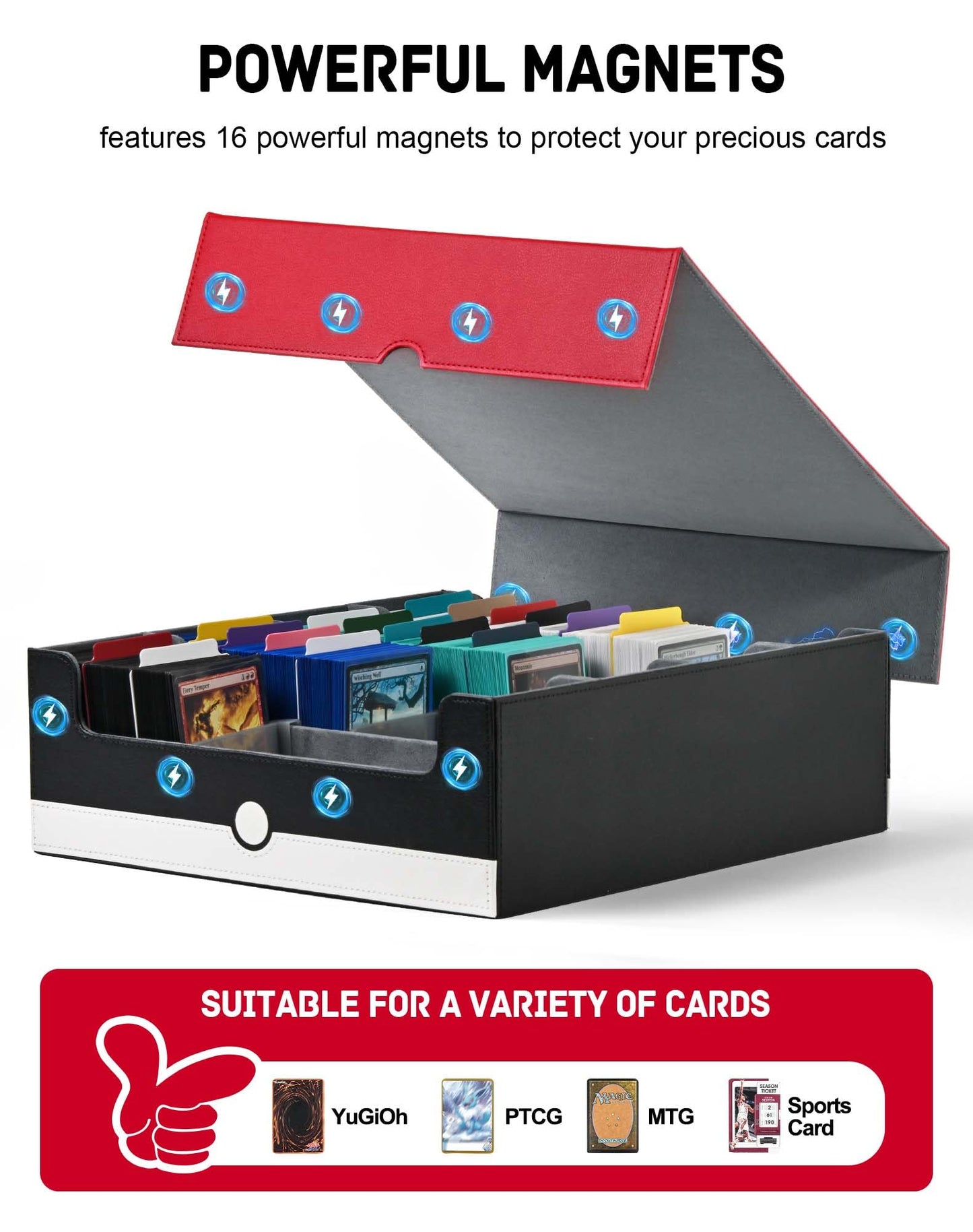 ZLCA Card Storage Box Holds 3200+, Deck Storage Case with 4 Stoppers, Card Organizer for TCG MTG PTCG(Red&White)