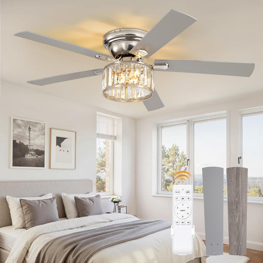 56 Inch Modern Crystal Chandelier Fan, Brushed Nickel Fandelier Ceiling Fan with Light, 6-Speeds, Quiet Reversible DC Motor, Flush Mount Ceiling Fan with Lights for Bedroom, Living Room