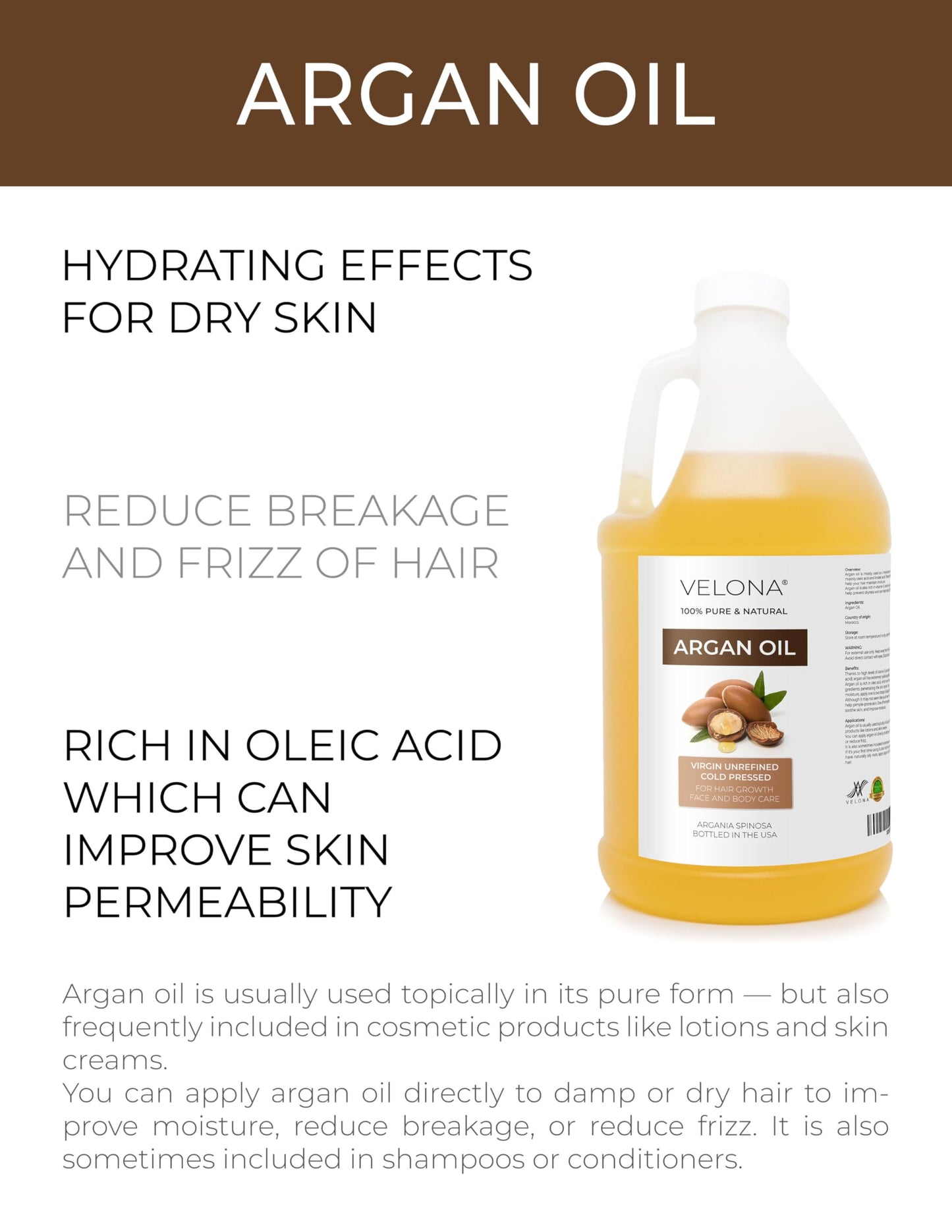 velona Argan Oil - 64 Fl Oz | 100% Pure and Natural | Morocco Oil | Stimulate Hair Growth, Skin, Body and Face Care | Nails Protector | Unrefined, Cold Pressed