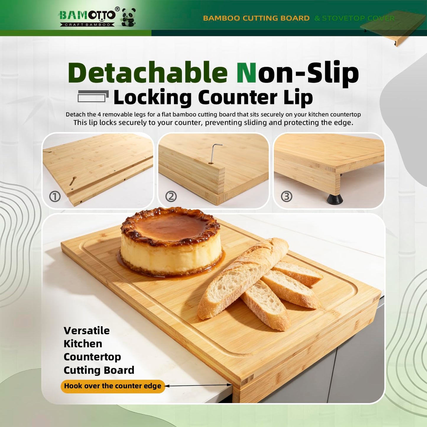 BAMOTTO CRAFTBAMBOO 16 x 22 Inch Bamboo Cutting Board, Over-the-Sink Board and Stovetop Cover with Detachable Support Legs & Front Lip, for RV Camper and Home Kitchen