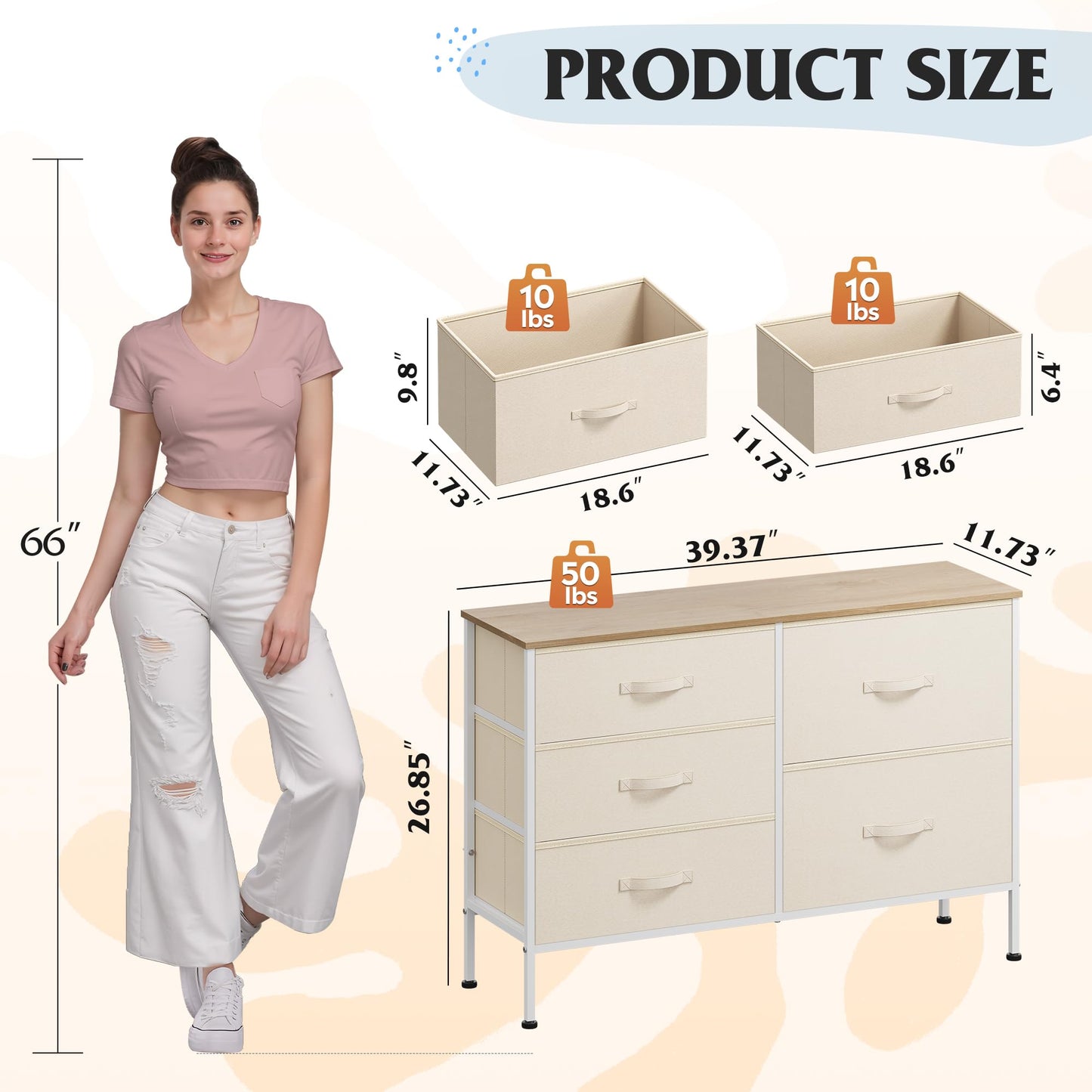 WLIVE Dresser for Bedroom with 5 Drawers, Wide Chest of Drawers for Bedroom, Fabric Dresser for Living Room, Closet, Hallway, Cream White