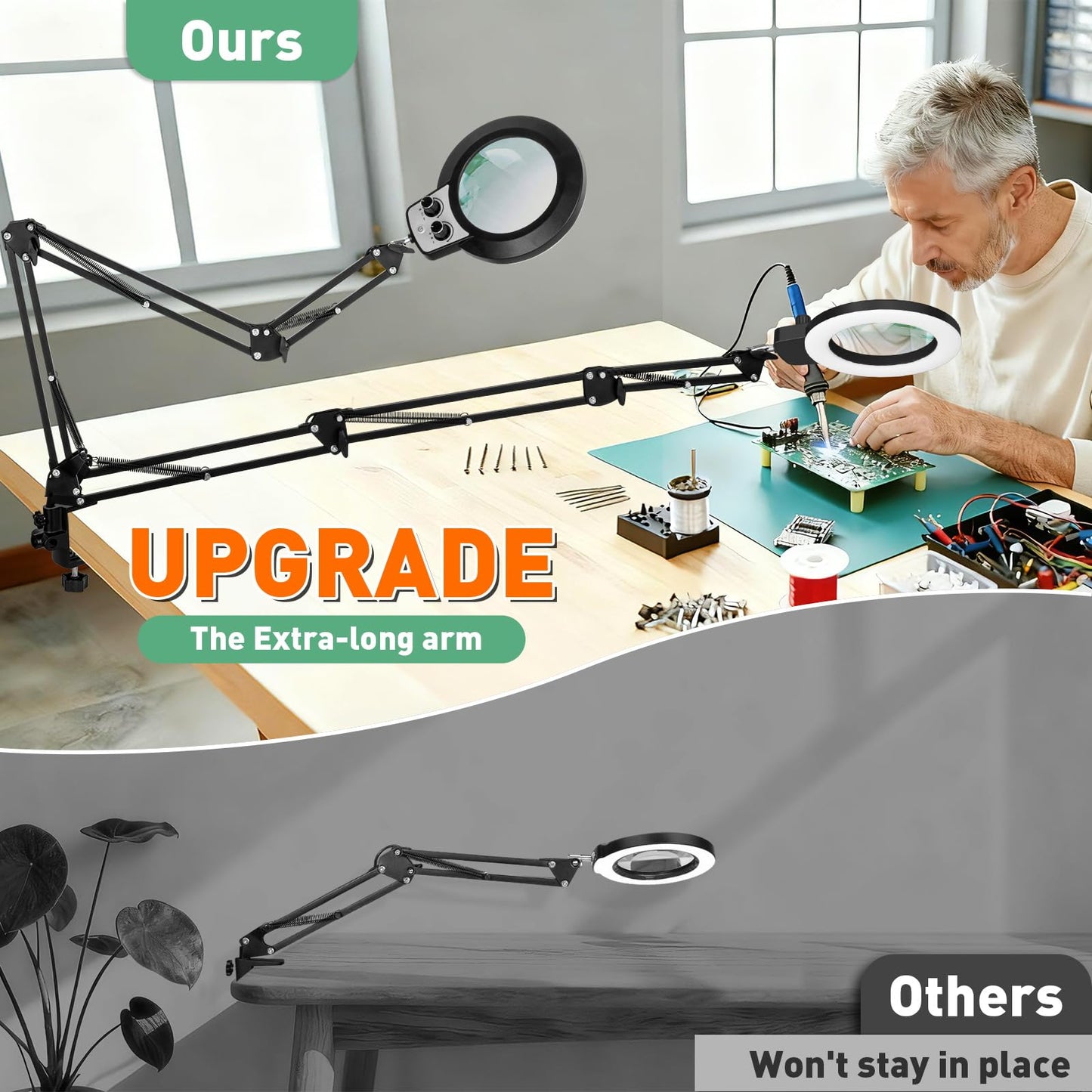 KMDES 12X Magnifying Glass with Light and Stand, Extended Long Arm Magnifying Lamp for Close Work, Craft, Sewing, Workbench, Repair, Knob Lighted Magnifier Desk Light Adjustable Color and Brightness