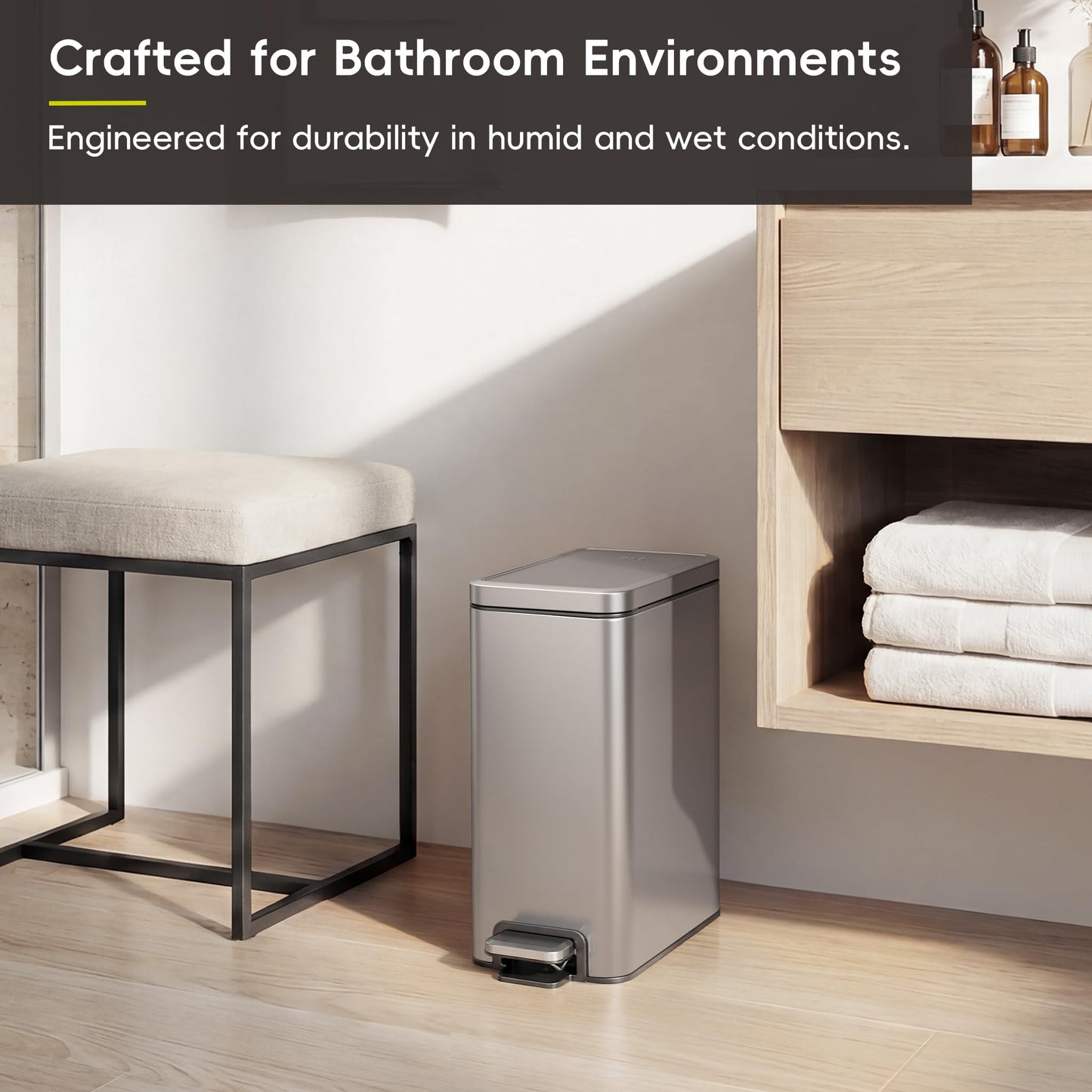 EKO Small Bathroom Trash Can with Lid Soft Close, Step Pedal, 10 Liter / 2.6 Gallon Stainless Steel Garbage Can with Removable Inner Bucket, Anti-Fingerprint Finish (Silver)