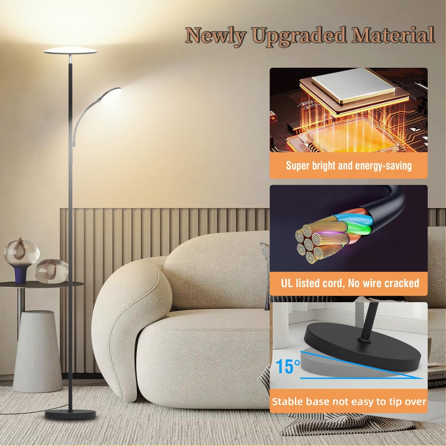 Floor Lamp, Upgraded 42W 4500LM Super Bright LED Floor Lamp with Rotatable Reading Light, Touch Remote Control & Memory Function, Stepless Dimmable Standing Lamp for Living Room Bedroom Office, Black