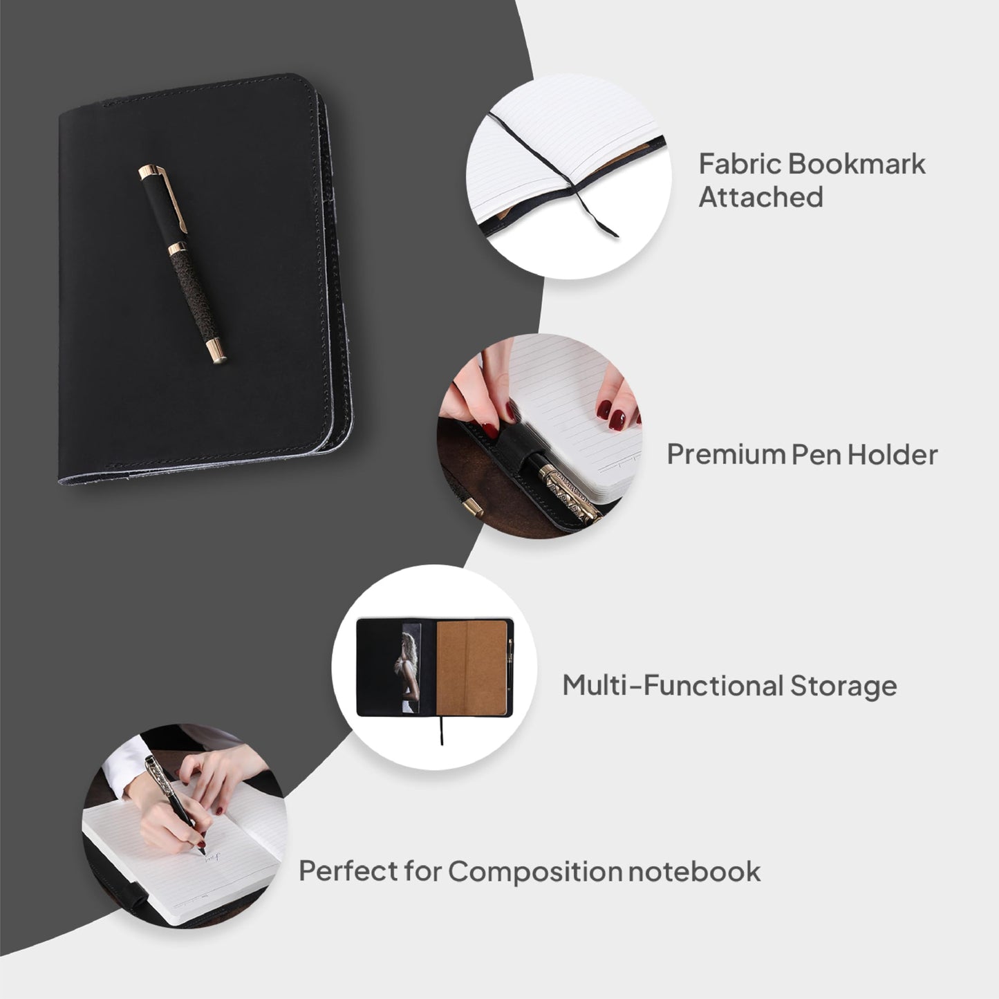 TheAntiq XL Leather Journal Cover Black 7.5 x 9.5 Inch – Refillable Genuine Leather Cover for Composition Notebook, B5 Planner & Diary – Handmade Protective Travel Writing Case