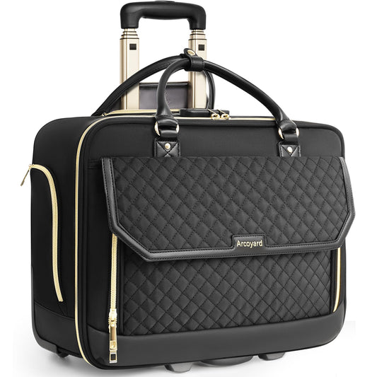 Arcoyard Rolling Laptop Bag, Water Resistant Briefcase for Women with Wheels, 17.3 Inch Computer Bags with Leather Handle, Roller Teacher Bag for Work Business, Flight Approved, TSA Friendly, Black