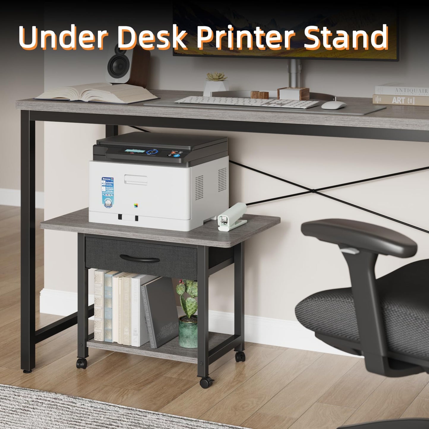 YAOHUOO 22"x15" Large Printer Stand with Drawer, 2-Tier Rolling Table Cart