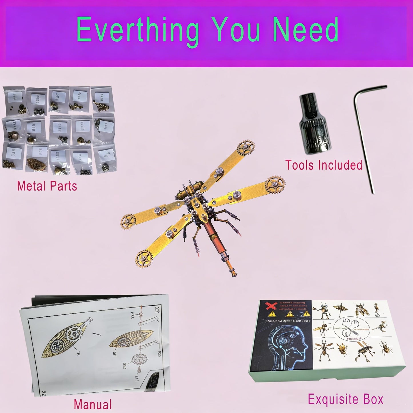 Steampunk Metal Insect Bug Mechanical Steampunk Sculpture Steampunk Mechanical Insect Clockwork 3D Steampunk Metal Puzzle Kits for Adults (Mechanical Dragonfly C)