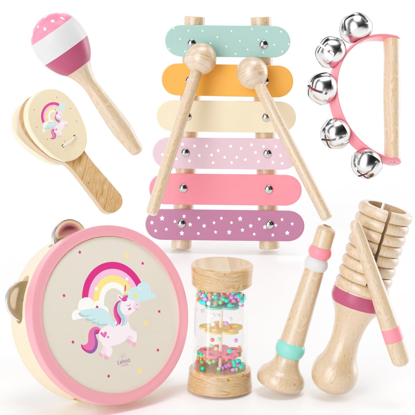 Lehoo Castle Baby Musical Instruments, Montessori Wooden Musical Toys for Toddlers 1-3, Kids Percussion Instruments with Xylophone Maracas, Educational Learning Toys Gift for 1 2 3 Year Old Girls
