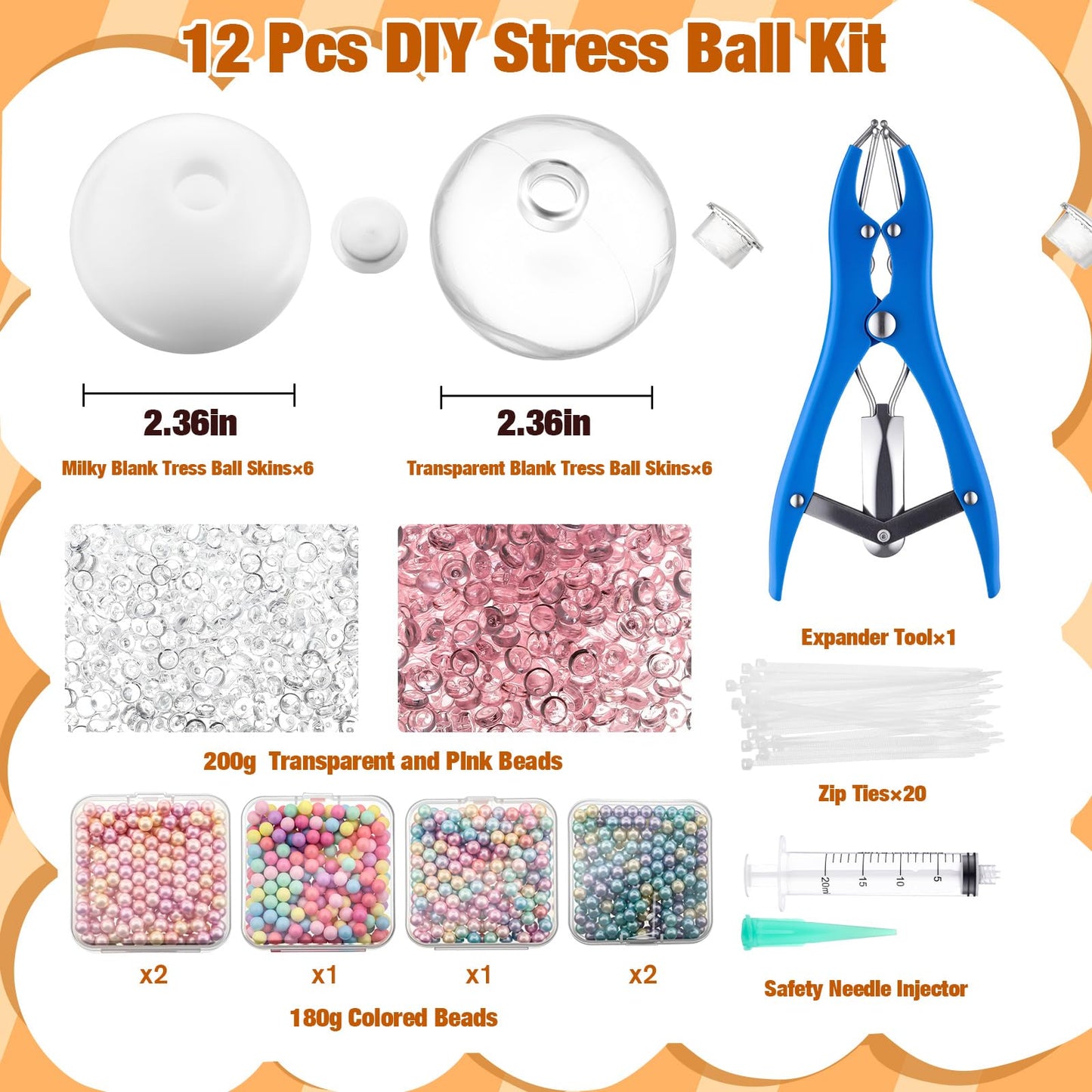 Simgoing 12 Sets DIY Stress Ball Making Kit Milky Blank Stress Ball DIY Kit with 12 Skins Empty Squeeze Balls Fill Beads Expander Tool Vacuum Evacuating Device for Make Your Own Pressure Balls