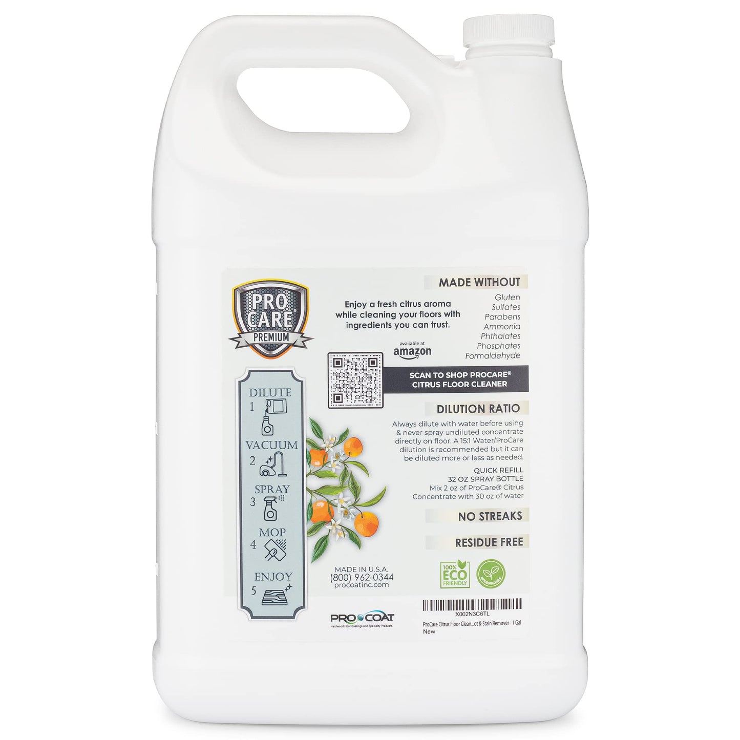 ProCare Citrus Floor Cleaner Concentrate (Made in USA) | Vinyl, Wood, Tile, Stone & Laminate Floor Cleaner For Mopping, Household Supplies, Cleaning Solution For Kitchen & Bathroom - 1 Gallon