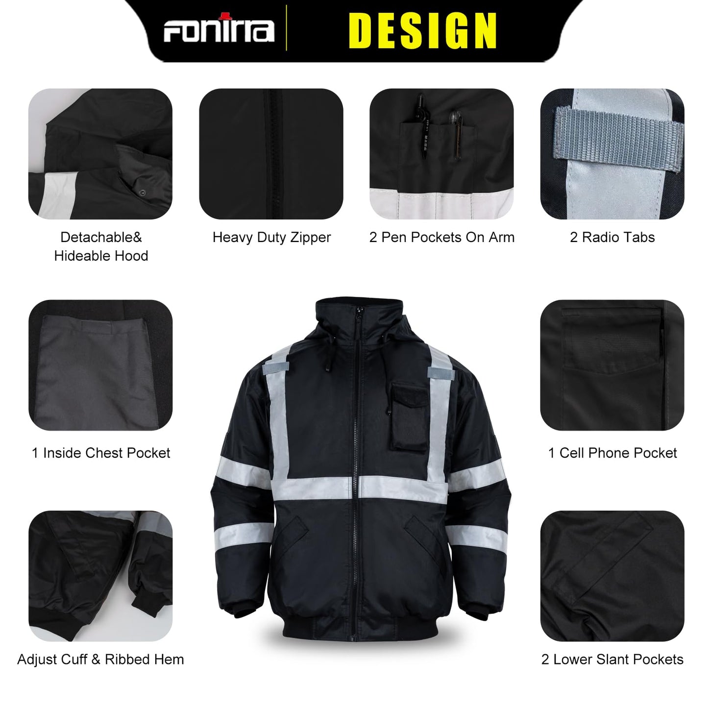 FONIRRA High Visibility Safety Jackets for Men with Fleece Liner, ANSI Class 1 Reflective Waterproof Bomber Jacket