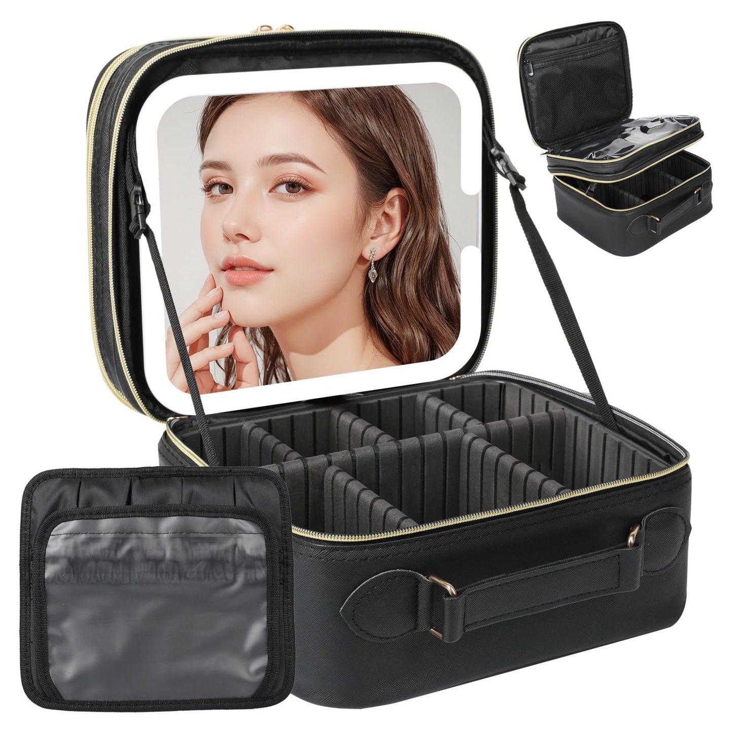 Behaesty Travel Makeup Bag with LED Mirror Double Layer, Detachable Vanity Mirror with Lights, Tri-light Dimmable, Makeup Case with Adjustable Dividers and Brush Holder Cosmetic Organizer Storage Box