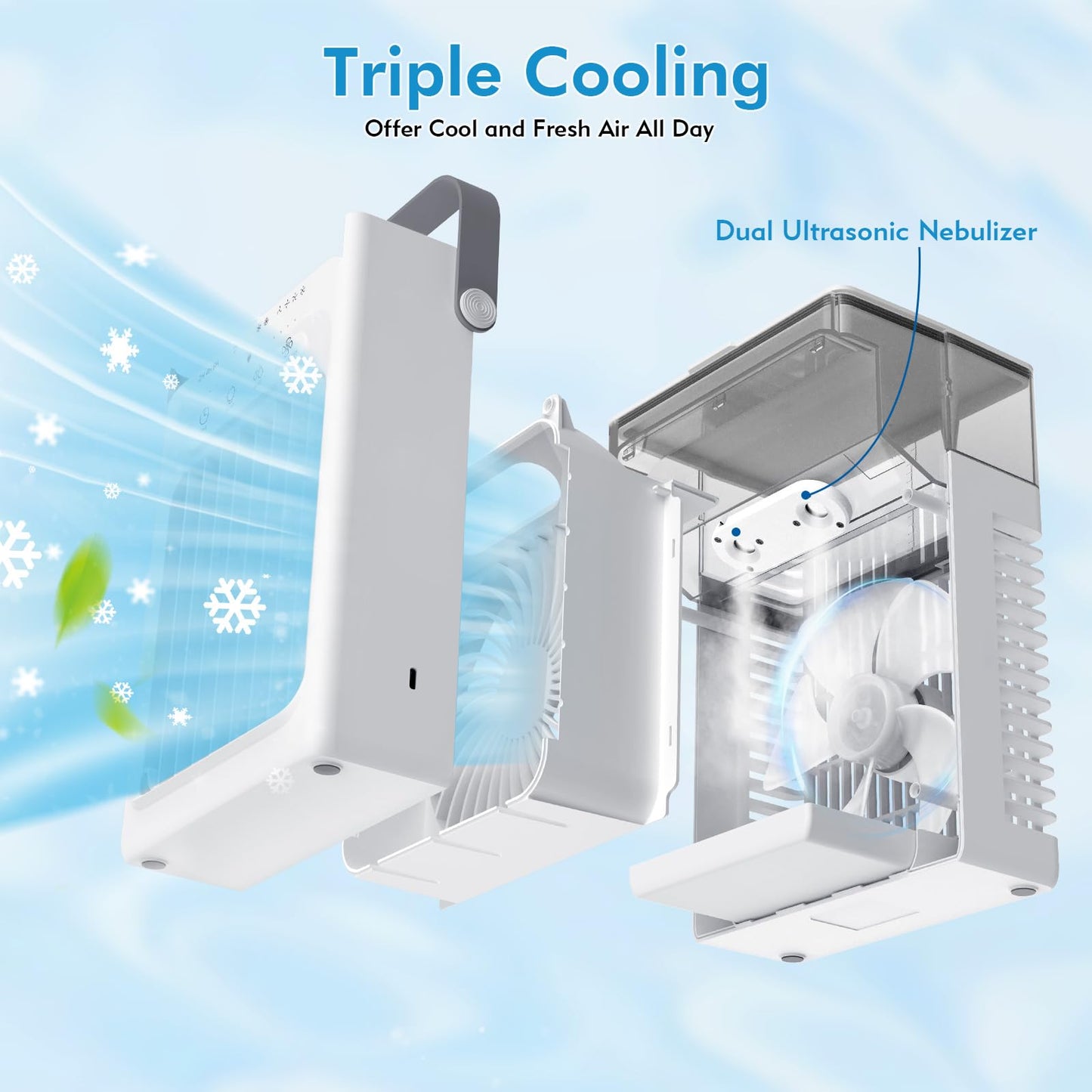 Portable Air Conditioners, 3-in-1 Portable AC Unit, Personal Mini Air Conditioner With 1000ml Water Tank, 2/4/6H Timer, USB Charging Small Cooling Fan (Include 5V 2A Adapter) For Indoor Office Bedroom