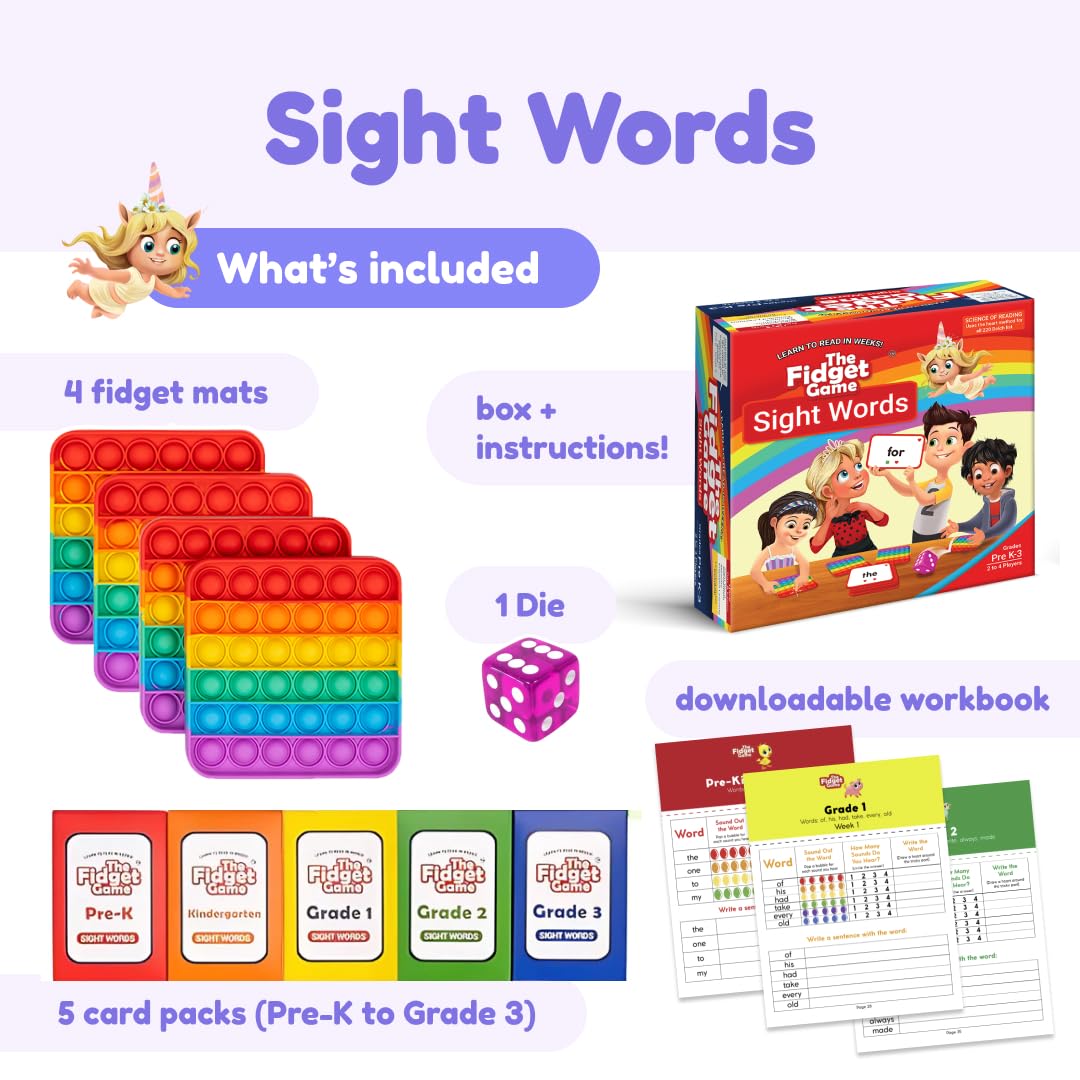The Fidget Game Ultimate Reading Bundle - Flashcards and Pop Fidget Toys for Kids Pre-K to Third Grade - Learning Activities and Games for High-Frequency Dolch Sight Words - Includes Mats and Dice