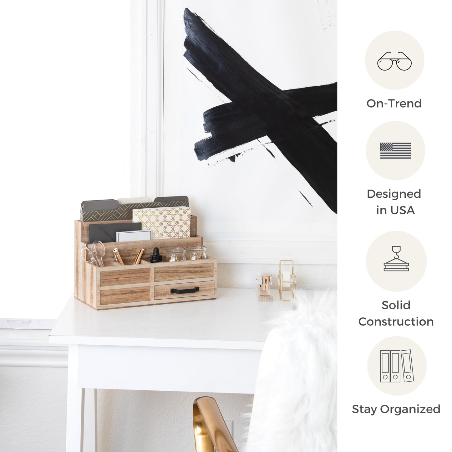 BLU MONACO | Natural Wood Mail Organizer with Drawer & Pen Holder | Rustic Desk Organizer for Bills, Letters & Countertop Storage | Wooden Desktop Mail Sorter for Home & Kitchen
