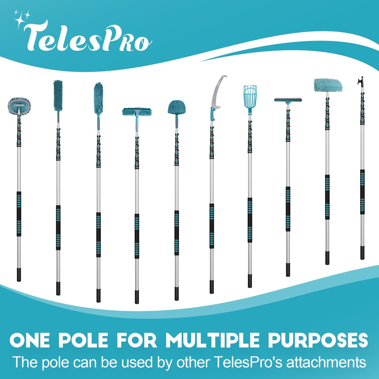 TelesPro 30 Feet High Reach Window Squeegee with 6-24 Ft Extension Pole, Window Cleaner Tool with 5-Stage Telescoping Pole, Window Cleaning Kit with Rotatable Head (2 Squeegee & 2 Microfibre Cloths)