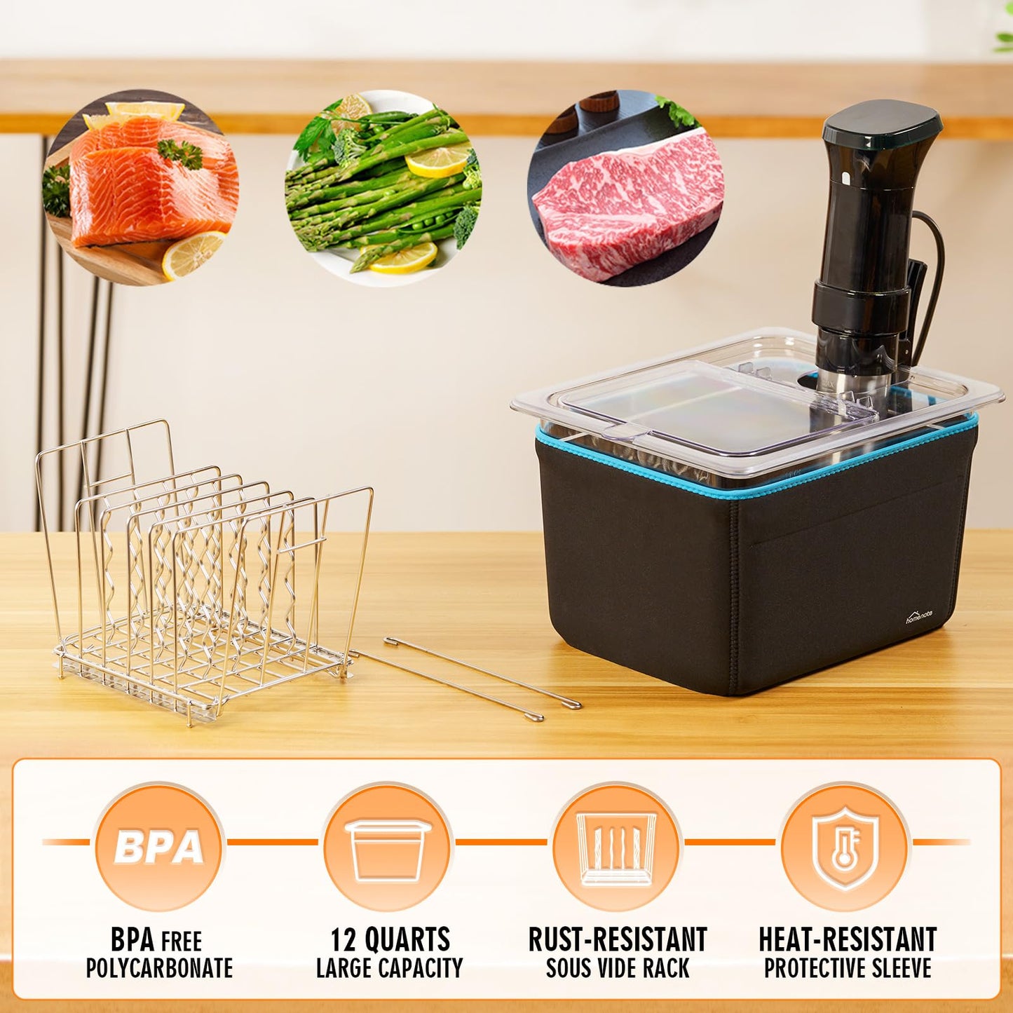 HOMENOTE Sous Vide Container 12 Quart with Universal Collapsible Hinged Lid,Complete Sous Vide Accessories Kit BPA Free,Compatible with Anova and Most Sous Vide Cookers（With Rack and Sleeve）