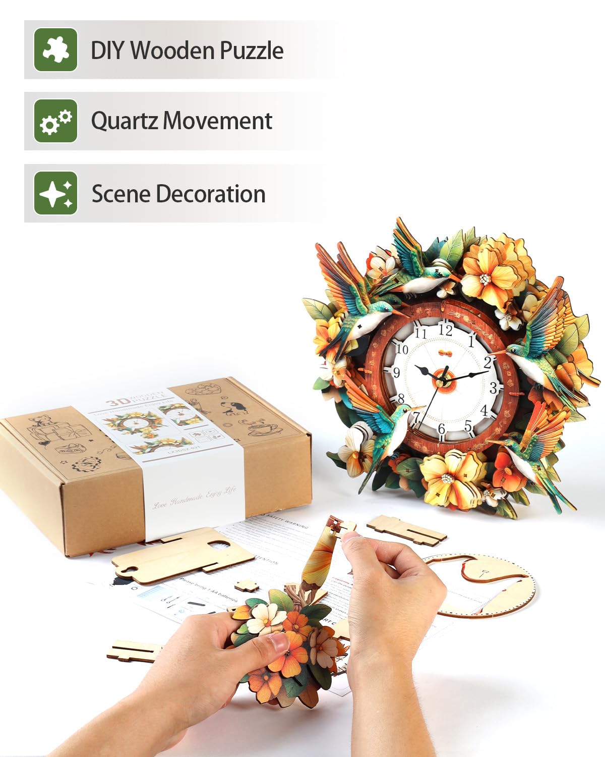 Rnfinewow 3D Wooden Puzzles for Adults, Wooden Puzzle for Adult, Hummingbird Clock DIY Kit With Pendulum, Beginner 80 Piece 3D Puzzles, Creative Gift Ideas for Adults Teens