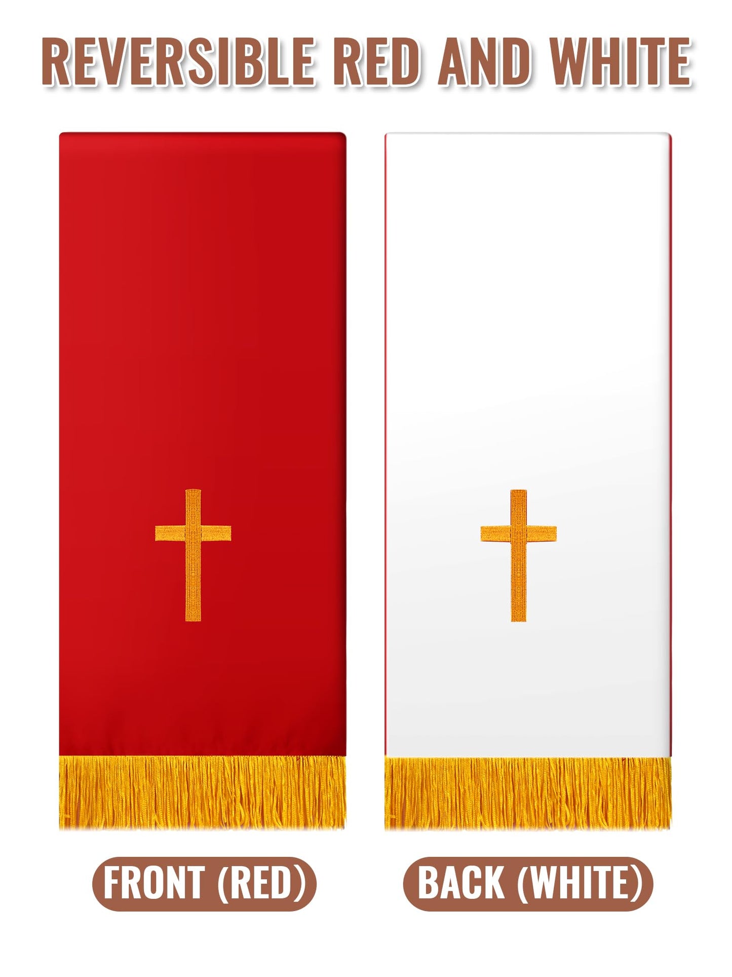 Cutecrop Set of 3 Reversible Parament Set Clergy Table Runner Bookmark Pulpit Scarf with Gold Cross Church Pulpit Accessories (Red and White)