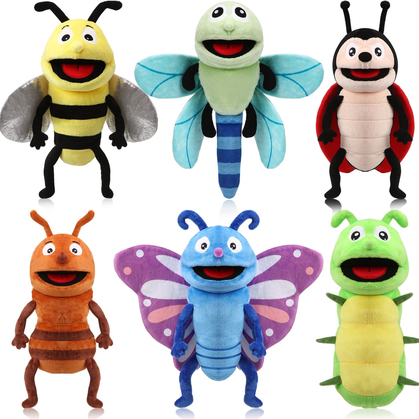 Lenwen 6 Pcs Animal Hand Puppets Bulk 10 Inches Living Realistic Toddler Plush Puppets with Working Mouth for Kids Storytelling Imaginative Role Play Show Game Birthday Party Gifts(Insect)