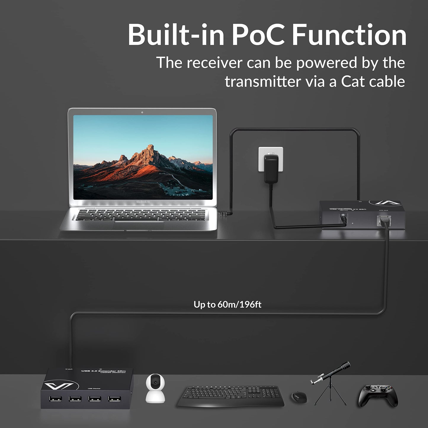 AV Access USB Extender Power Over Cable Cat5e/6/6a/7 up to 196ft/60m, 4 Ports USB 2.0 Extender Over Ethernet, Plug and Play, Supports All Operating System(Power on TX Side)