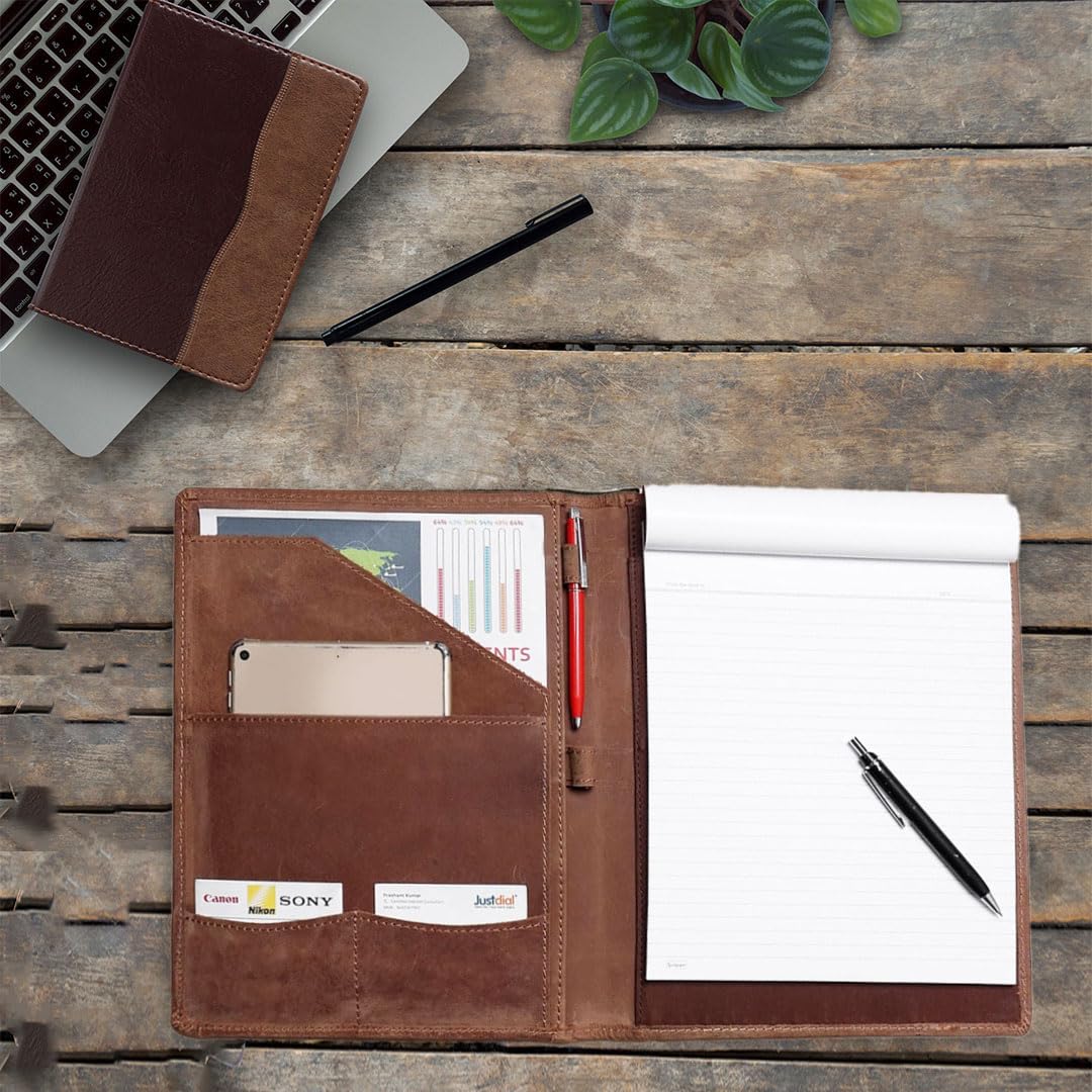 Succor Genuine Leather Portfolio – A4 Business Padfolio & Document Holder, Professional Leather Binder Organizer for Men & Women, Resume Folder, 13x10 Inch, Hunter Brown