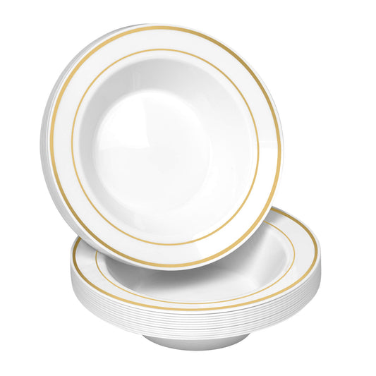 50 Disposable White Gold Trim Plastic Soup Bowls | 14 oz. Premium Heavy Duty Disposable Dinnerware with Real China Design | Safe & Reusable and Great for Parties or Weddings. (50-Pack) Gold
