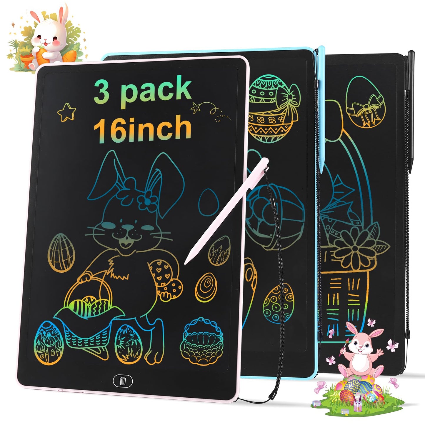 3 Pack 16 Inch LCD Writing Tablet for Kids Adults,Toddler Toys 3 4 5 6 Doodle Board Sensory Toys for Toddlers Road Trip Essentials Car Game Christmas Birthday Gifts Boys Girls （Pink+Bule+Black）