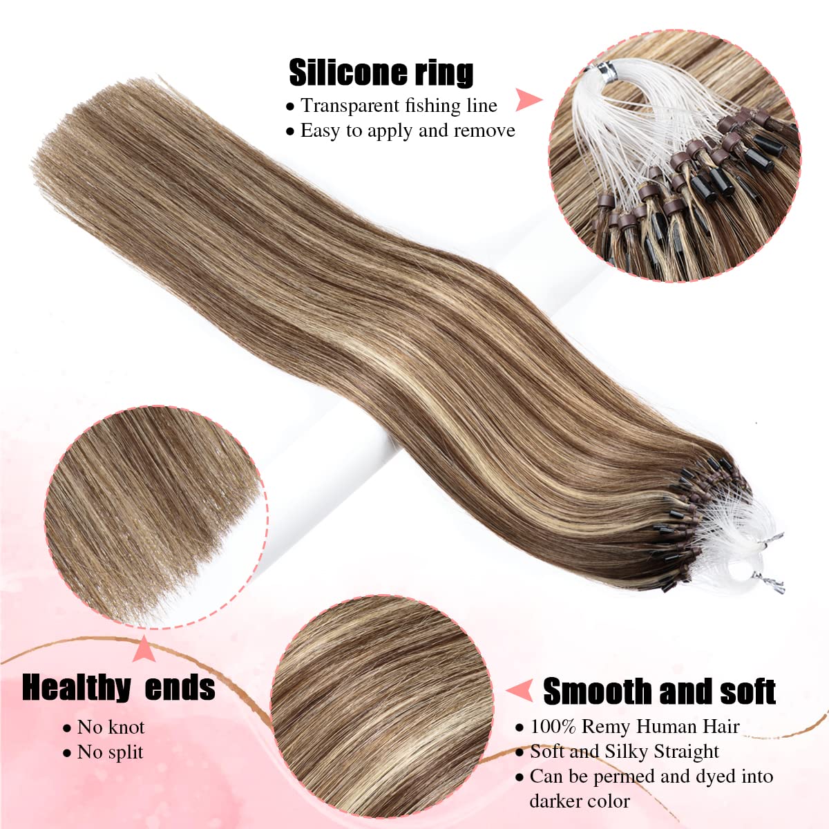 Senmy Micro Ring Hair Extensions Real Human Hair 24inch Microlink Human Hair Extensions #4/613 Medium Brown with Blonde Micro Loop Extensions Human Hair 0.5g/strand 50g/pack Micro Hair Extensions