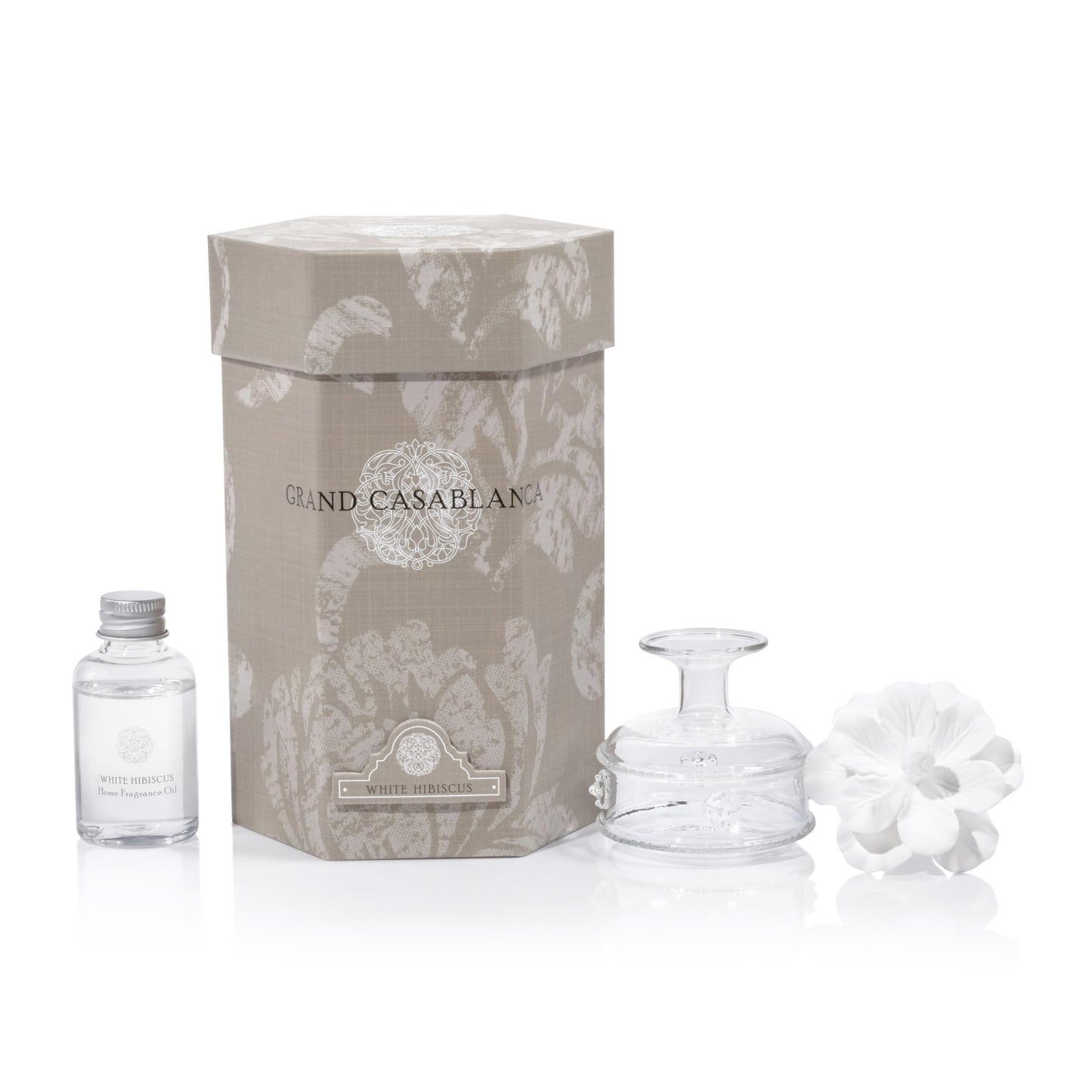 Zodax Grand Casablanca Porcelain Oil Diffuser - Home Fragrance Oil Diffuser Ideal for Living Room, Bathroom, Office - Flower Design - Gift Box Packaging Included - White Hibiscus - 1.69 Oz.