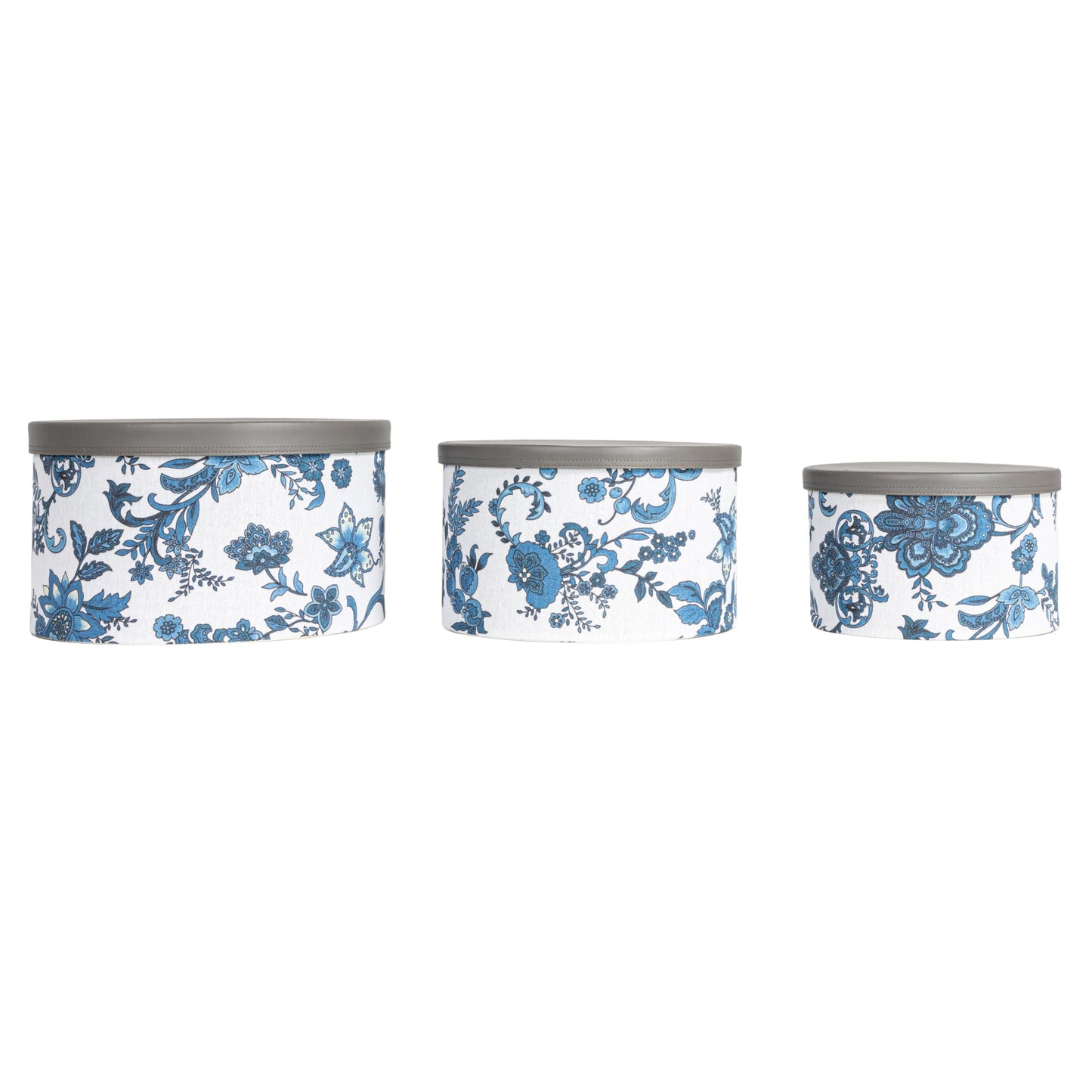 Household Essentials Floral Nestable Hat Boxes with Faux Leather Lids, Cream and Blue, Set of 3