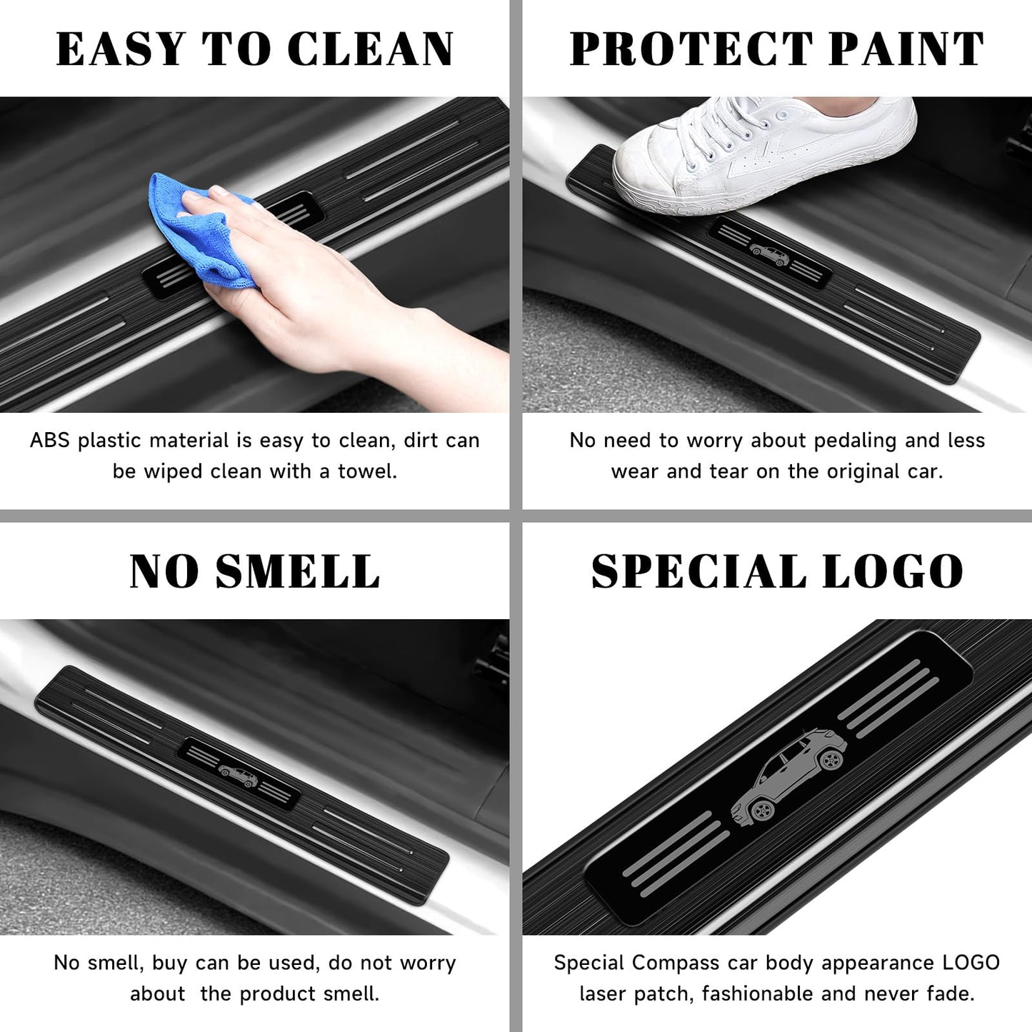 PeakPurit 4PCS Car Door Edge Guards Door Sill Protector for Jeep 2017-2026 Compass Accessories Black Brushed Stainless Steel Material Car Door Threshold Protection