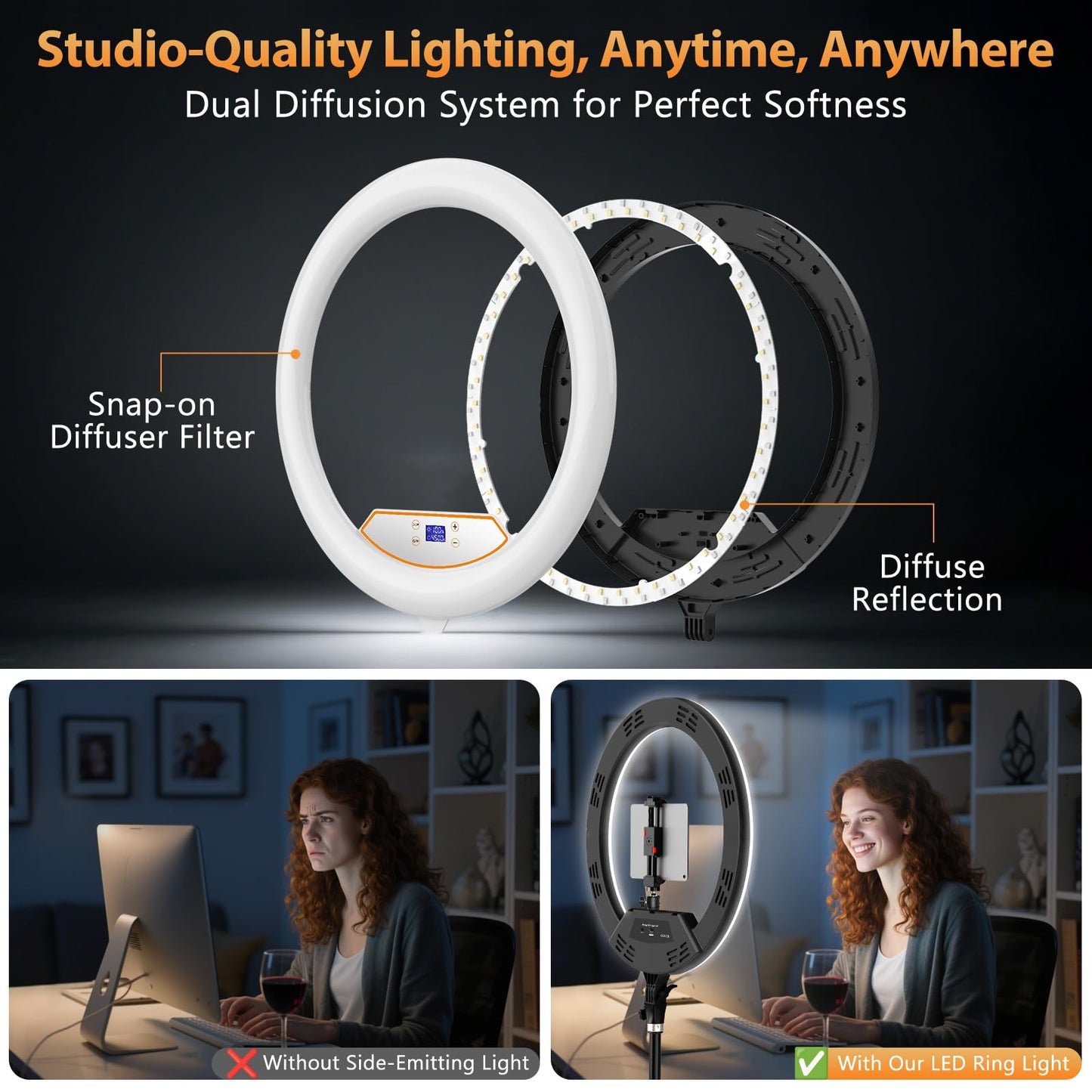 22'' Ring Light with 75'' Tripod Stand, LED Display/2 USB Ports/6500K Dimmable Ring Light for ipad Phone Holder for Tattoo Lash Live Makeup Video Recording TikTok Barber Stylist Photography