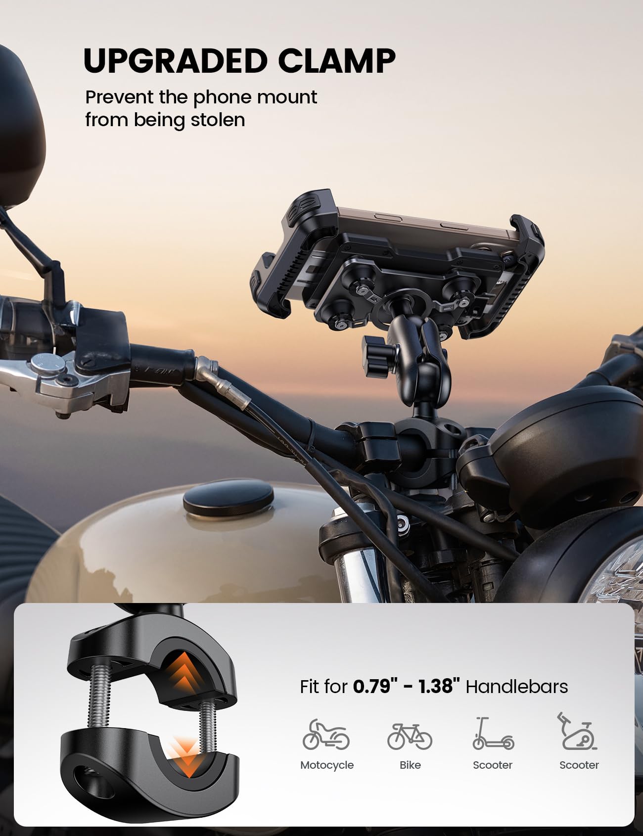 Aomiker Motorcycle Phone Mount Holder - [Metal Extension Arm] [Dual Vibration Dampener] Motorcycle Cell Phone Mount, Bike Phone Handlebar Clamp for iPhone 16 15 14 13 Pro Max Plus, 4.7-6.7" Smartphone
