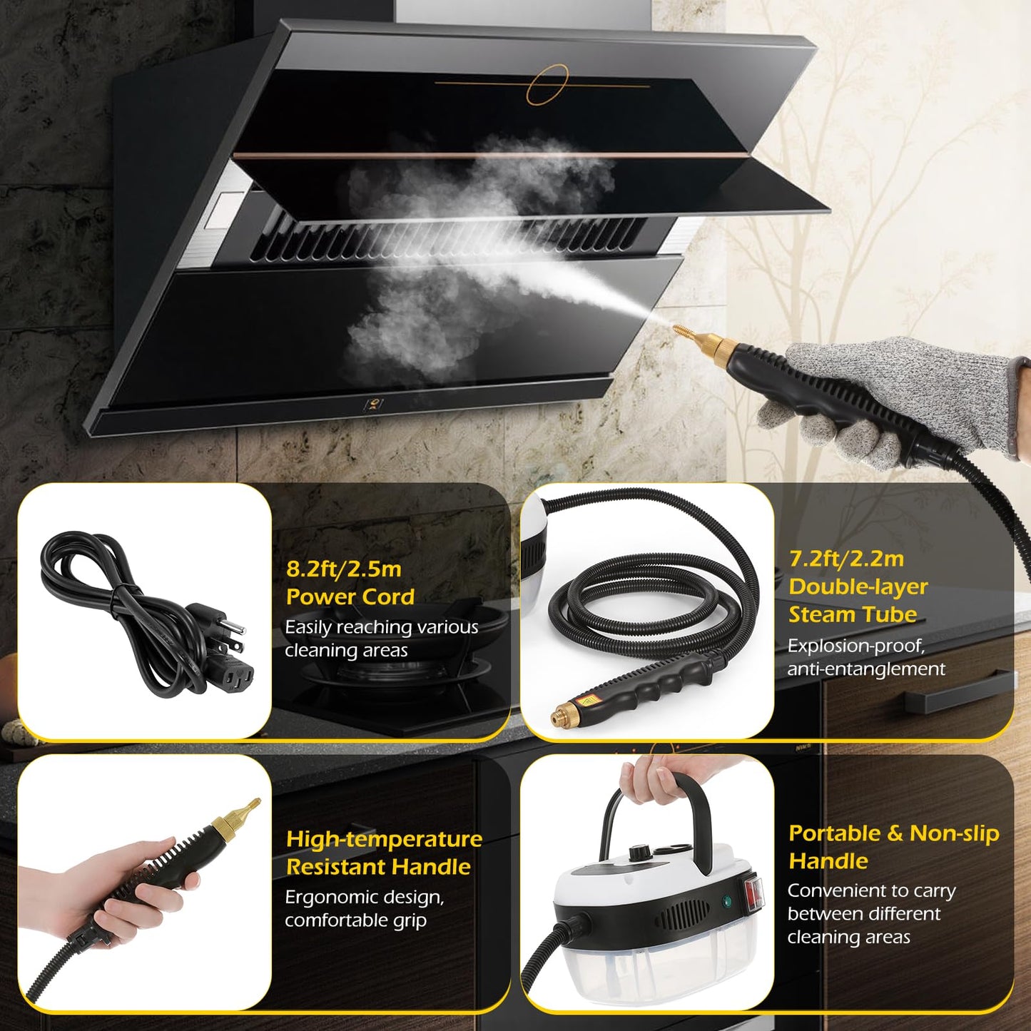 Dyna-Living Steam Cleaner 2500W Car Steamer for Auto Detailing Handheld Steamer Cleaner for Home, High Pressure Steam Cleaner with 1L Water Tank Portable Steamer for Cleaning Kitchen Hood Use