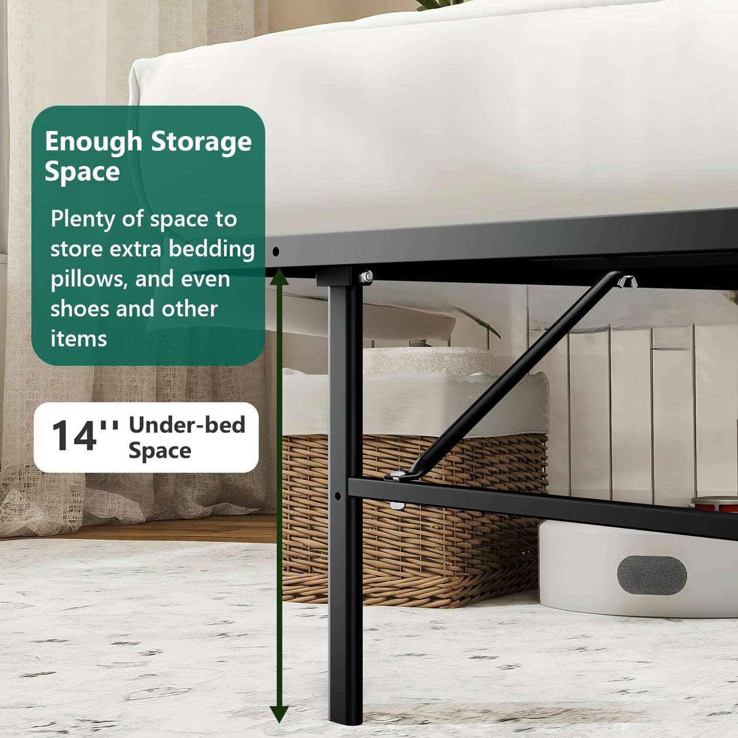 FurniEdge Full Size Folding Bed Frame, Heavy Duty Full Metal Platform with 14" Underbed Storage, Easy Tool-Free Assembly, No Box Spring Needed