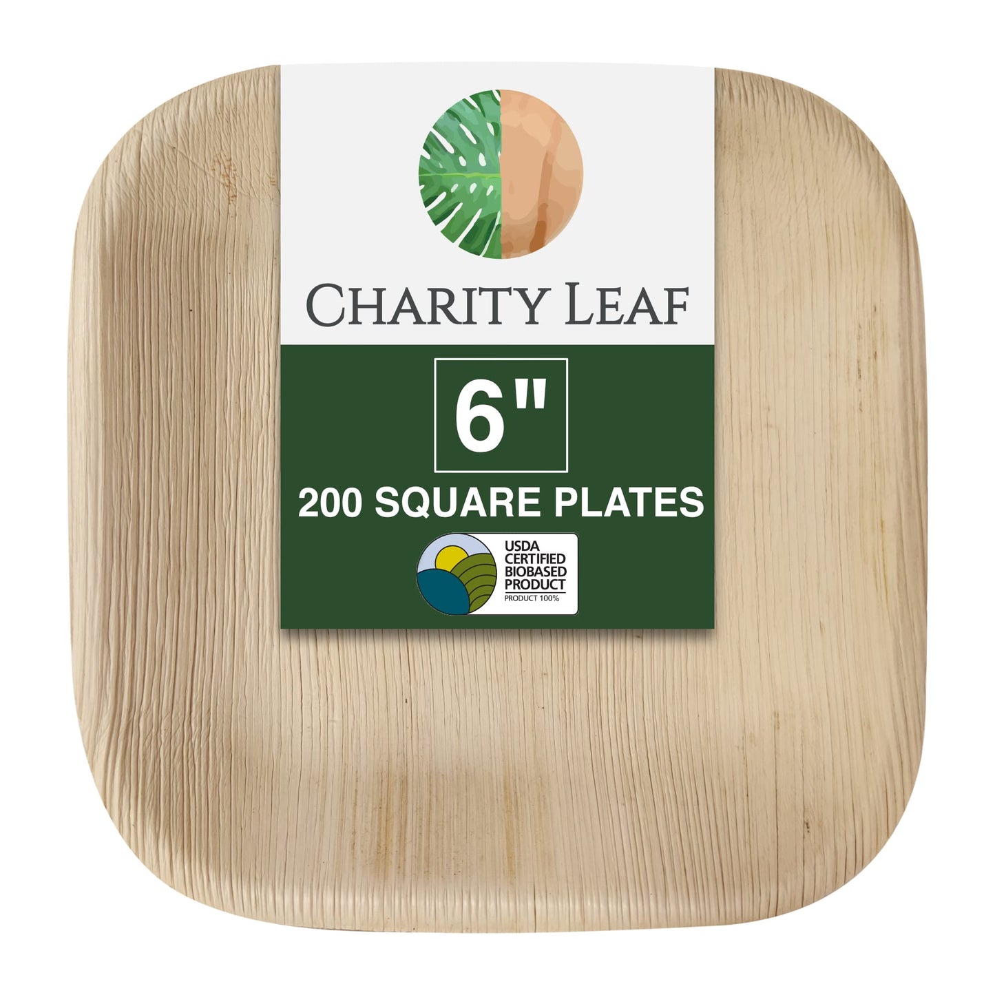 Charity Leaf Disposable Palm Leaf 6" Square Plates (200 pieces) Bamboo Like Serving Platters, Disposable Boards, Eco-Friendly Dinnerware For Weddings, Catering, Events